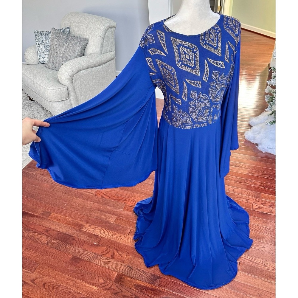 Handmade Bell Sleeve Blue Gold Glitter Unique Pattern Formal Gown Dress - Picture 3 of 12